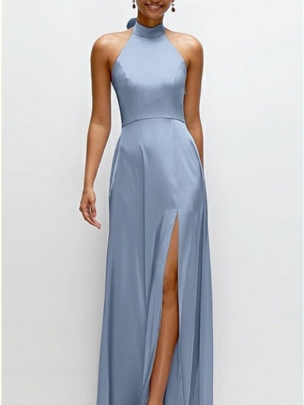 Dessy Group Band Collar Halter Open Back Fluid Satin Maxi Dress